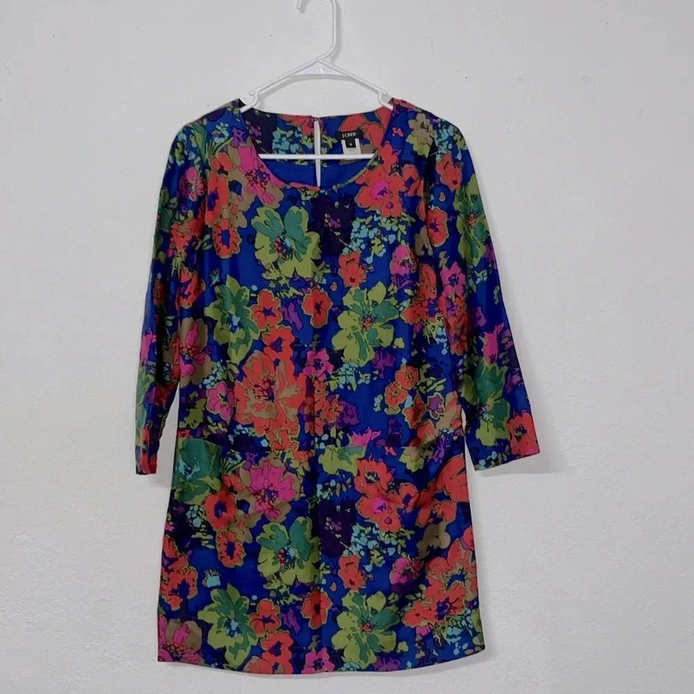 100% silk floral dress J. Crew 2012 front‎ pockets keyhole back size 0 imperfect